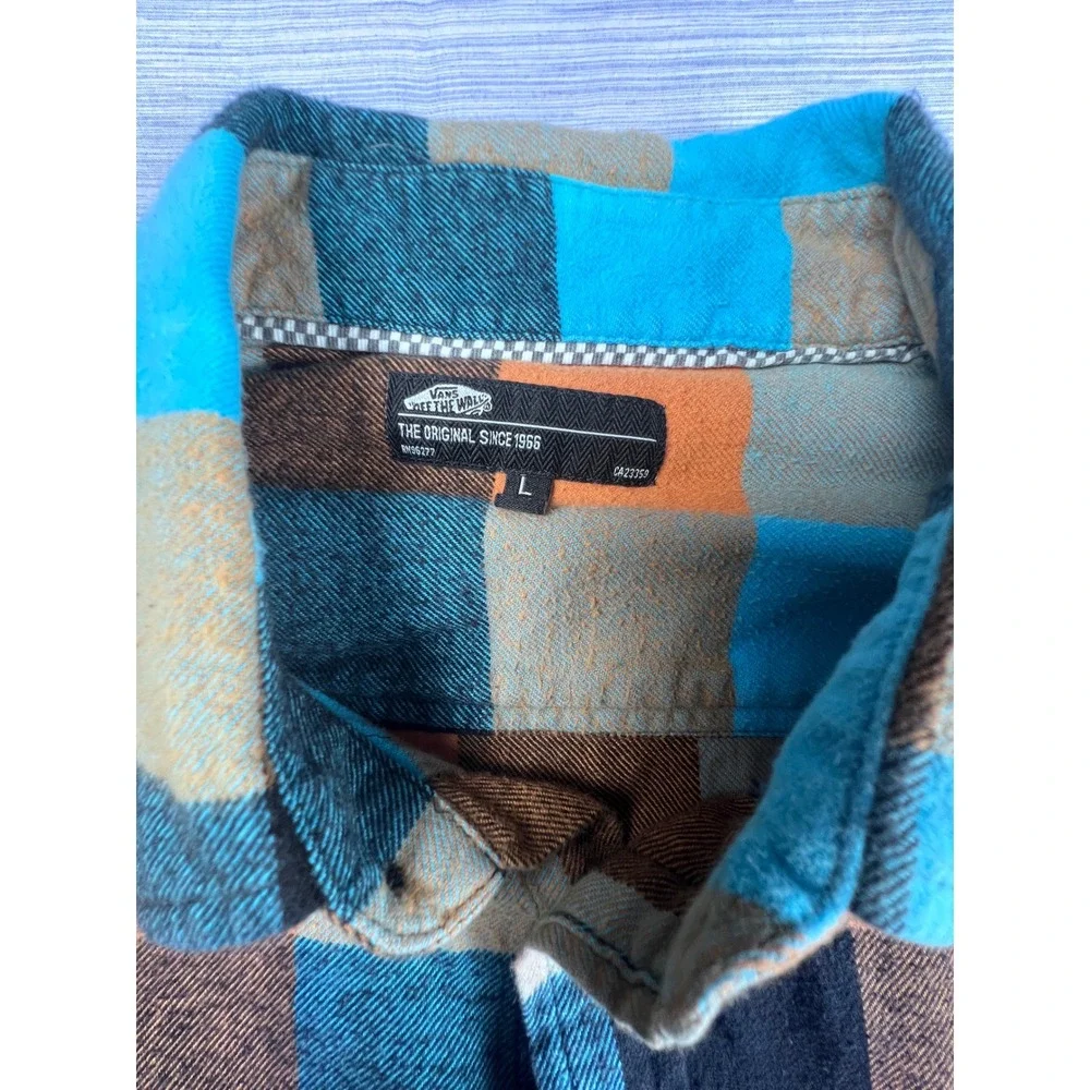 Vans Mens Large Flannel Shirt Blue Orange Plaid Button Down Long Sleeve CA23359 - Picture 3 of 6